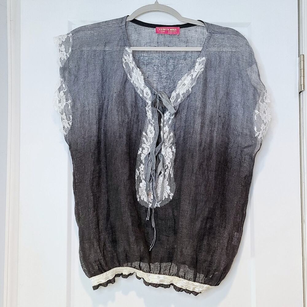 Vanita Rosa St Barth Ombre Linen Lace Blouse Gray White Resort Top